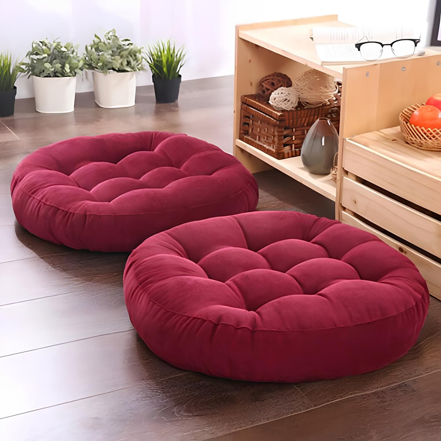 Round Floor Cushion Velvet-Maroon