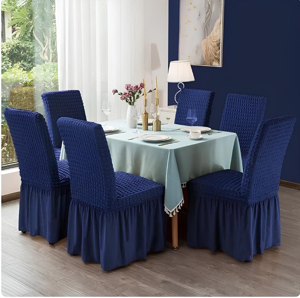 Turkish Dining Chair Cover Seersucker Fabric With Skirt-Blue