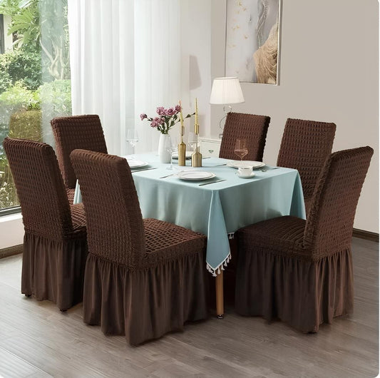 Turkish Dining Chair Cover Seersucker Fabric With Skirt-Brown