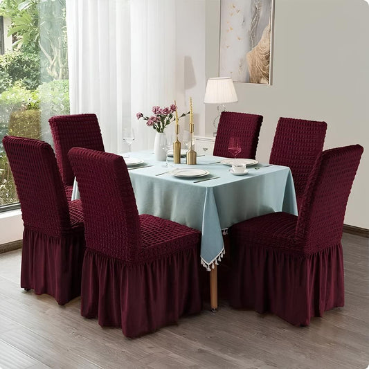 Turkish Dining Chair Cover Seersucker Fabric With Skirt-Maroon